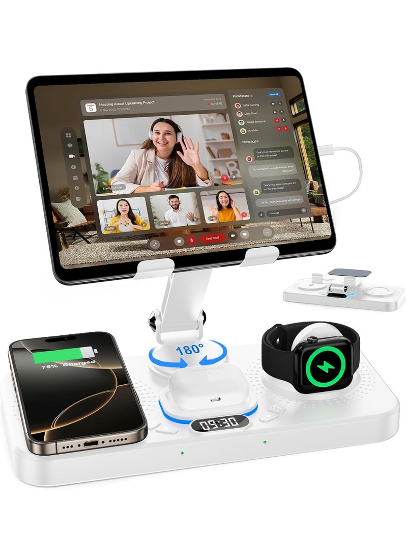 LBMT شاحن لاسلكي قابل للطي لمنتجات أبل، محطة شحن مع 7 ألوان للضوء وعرض الساعة، شحن سلكي لجهاز آيباد/محطة شحن للأجهزة اللوحية لجهاز آيفون 16/15/14، ساعة آي ووتش، آيربودز 4/3 (أبيض) - Image 1